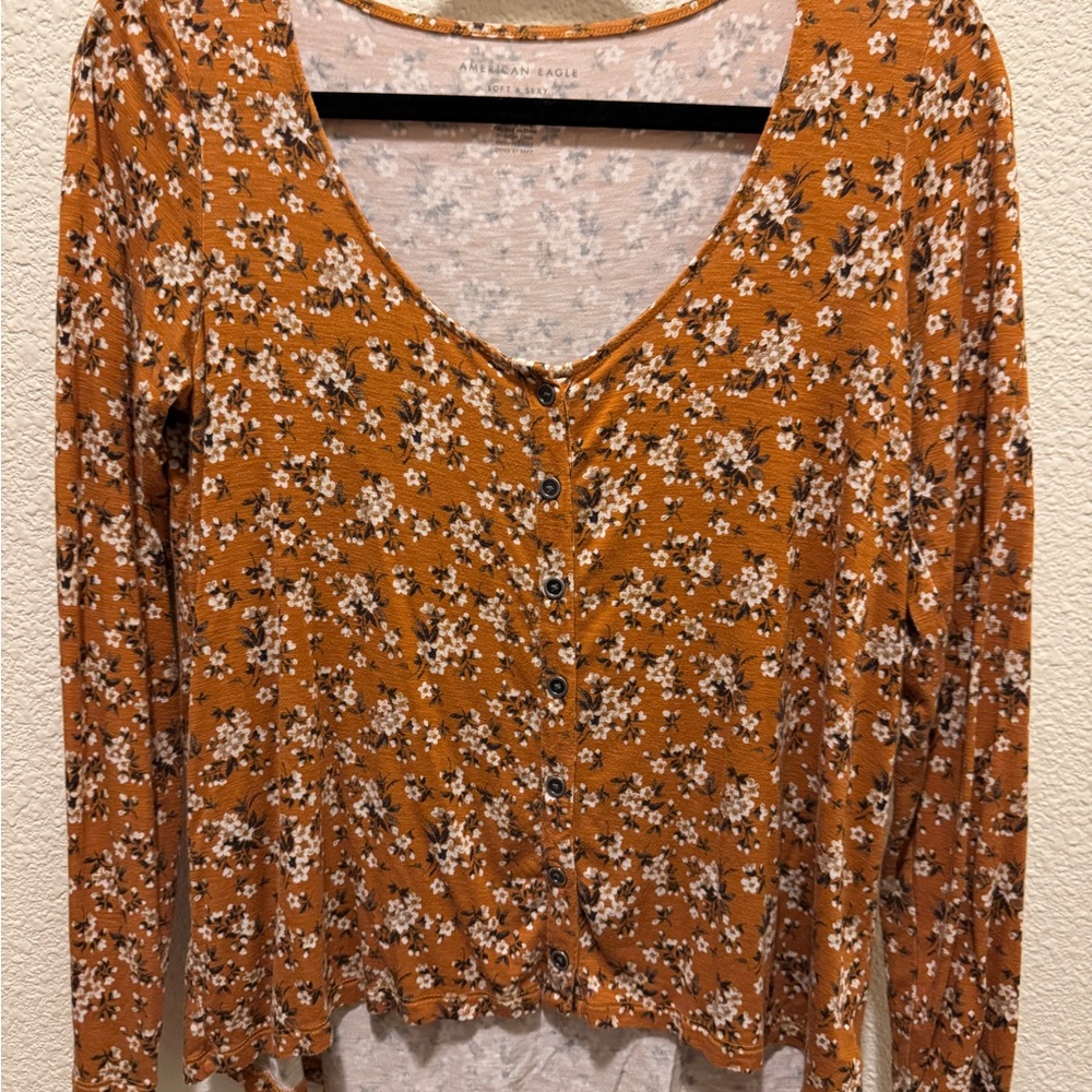 American Eagle Outfitters Floral Button-Down Shirt - Rust